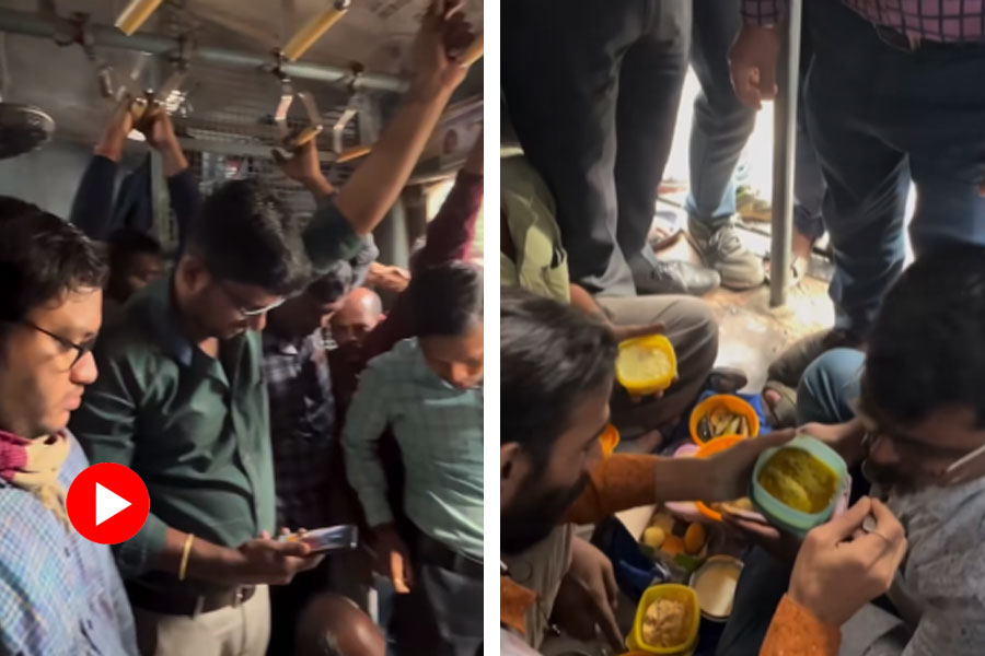 Local train daily passengers celebrate co-passenger’s iburobhat on moving train.