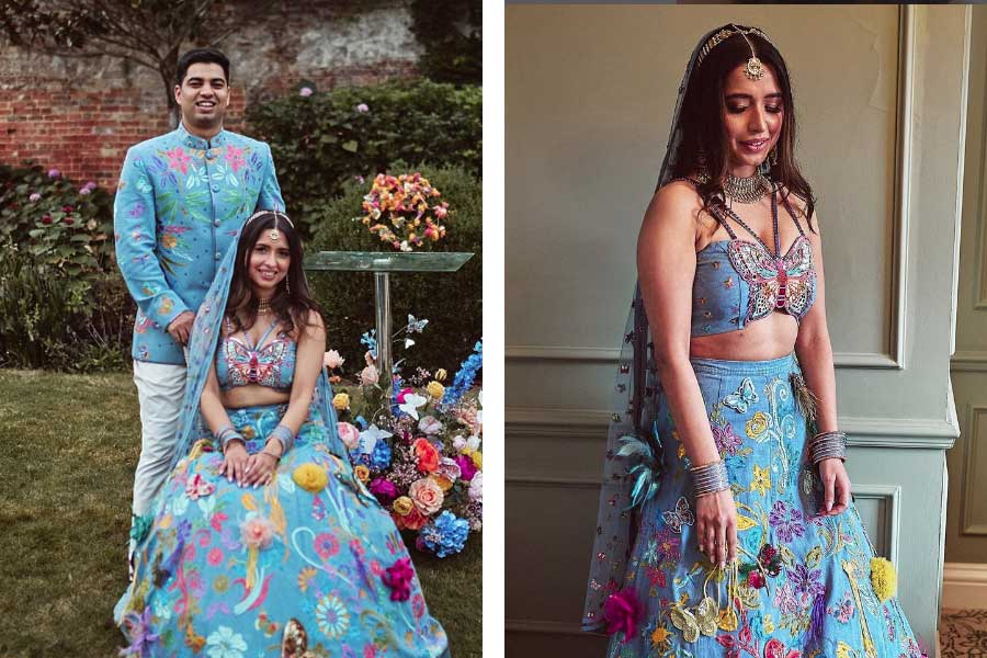 Bride ditches regular red, wears denim lehenga designed by her father on her wedding day.