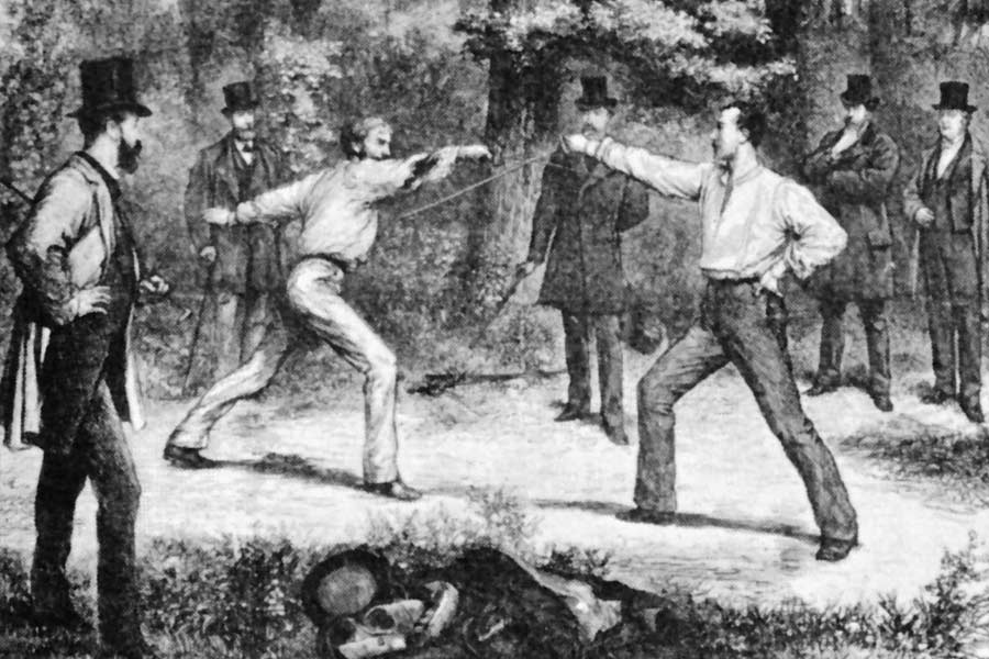 ১৮১০ সালের ডিসেম্বর মাসে প্রথম দ্বৈত লড়াই হয়েছিল ব্লাডি আইল্যান্ডে। বার্নার্ড জি ফারার নামে এক চিকিৎসক মিসিসিপি গিয়ে অ্যাটর্নি জেমস গ্রাহামের সঙ্গে বচসায় জড়িয়ে পড়েন।