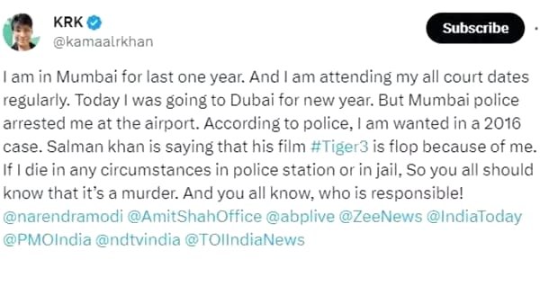 according to film critique Kamaal R Khan Police has arrested him from Mumbai airport on Christmas 