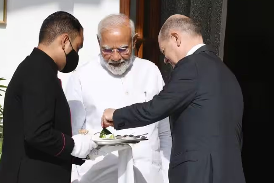 খাইকে পান...। ভারতে অতিথি হয়ে আসা জার্মানির চ্যান্সেলর ওলাফ স্কোলজকে পান খাওয়াচ্ছেন মোদী।