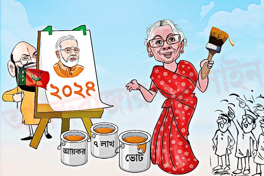 Caricature of Nirmala Sitharaman, Narendra Modi and Amit Shah on budget 2023.