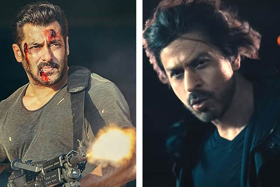 Photographs of Pathaan featuring Shah Rukh Khan and Salman Khan.