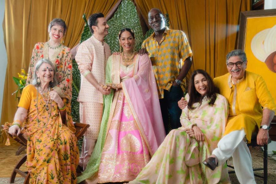 A photograph of Satyadeep Mishra and Masaba Gupta's wedding.
