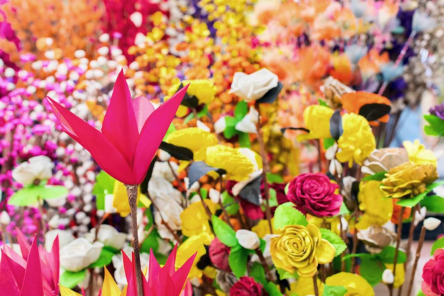 A Photograph of Colourful artificial flowers