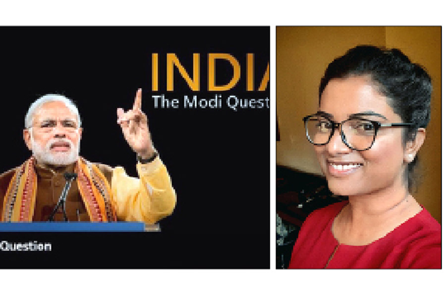 A photograph showing the poster of 'The Modi Question" 