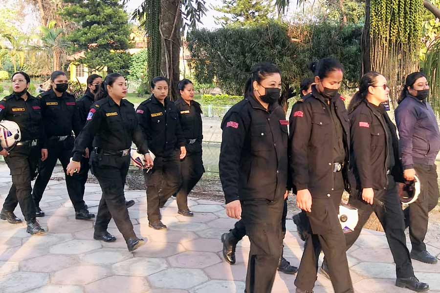 Picture of Special team of women police in surveillance operation on \'Valentine\'s Day\'.