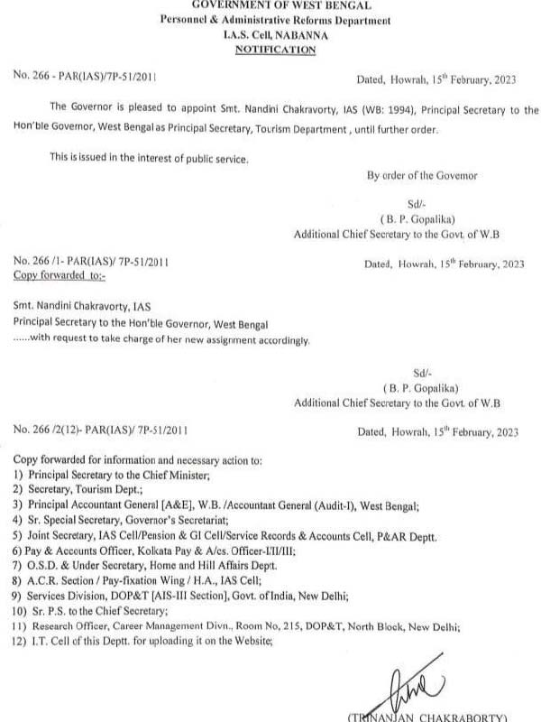 নন্দিনী চক্রবর্তীকে বদলির বিজ্ঞপ্তি।