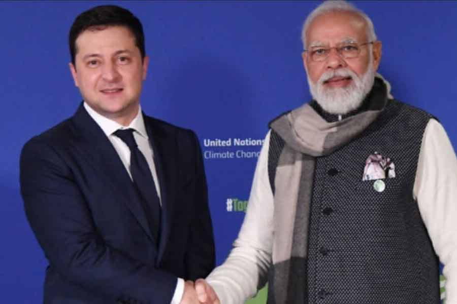 A Photograph of Ukraine President Volodymyr Zelensky and Indian Prime Minister Narendra Modi