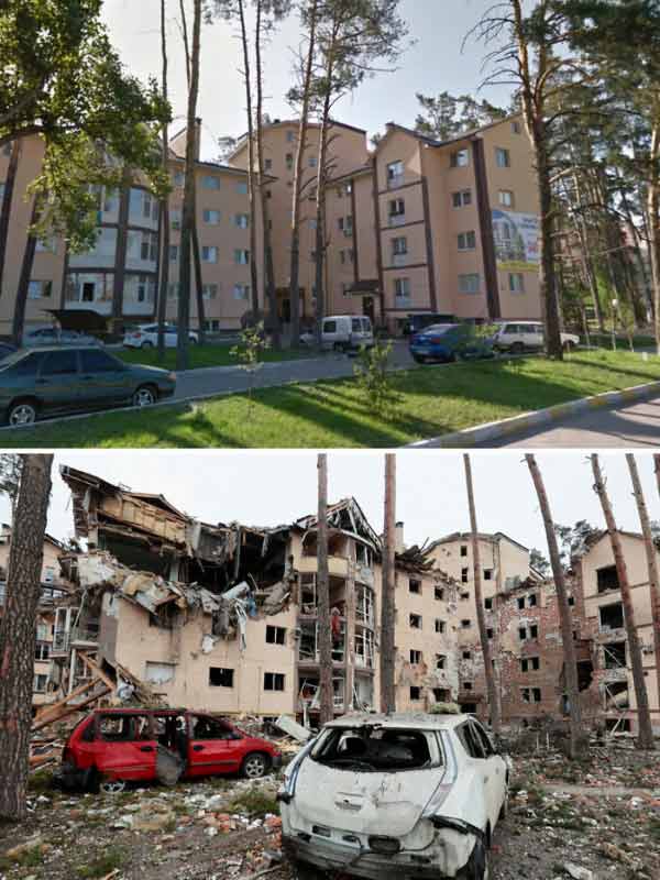 Before and after picture of Ukraine cities as war against Russia completes one year.