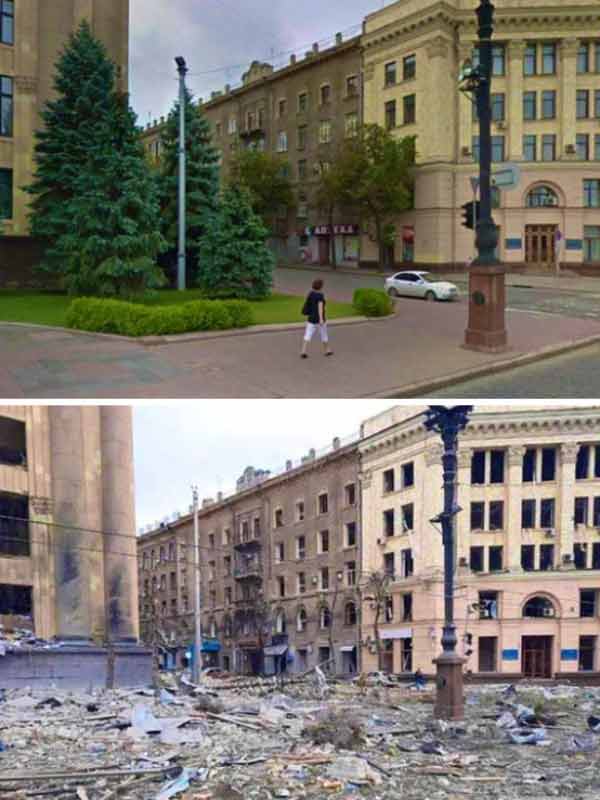 Before and after picture of Ukraine cities as war against Russia completes one year.