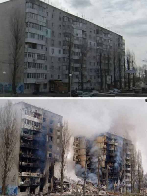 Before and after picture of Ukraine cities as war against Russia completes one year.