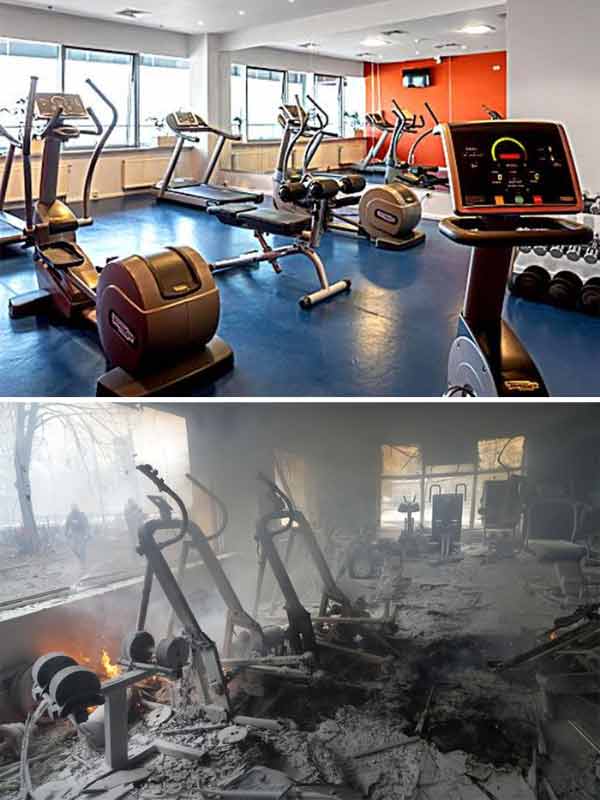 Before and after picture of Ukraine cities as war against Russia completes one year.