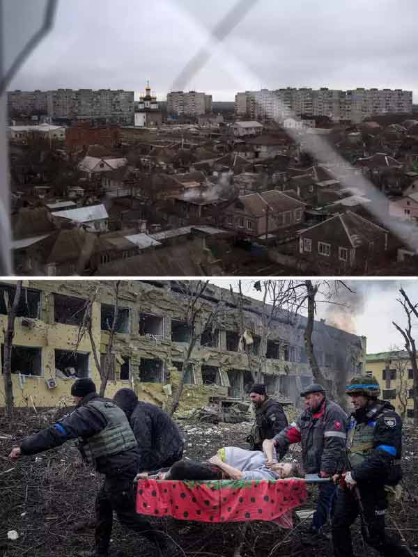 Before and after picture of Ukraine cities as war against Russia completes one year.