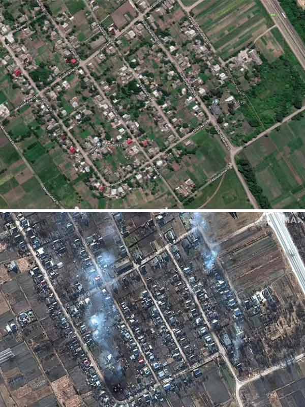 Before and after picture of Ukraine cities as war against Russia completes one year.