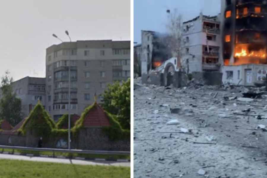 Before and after picture of Ukraine cities as war against Russia completes one year.