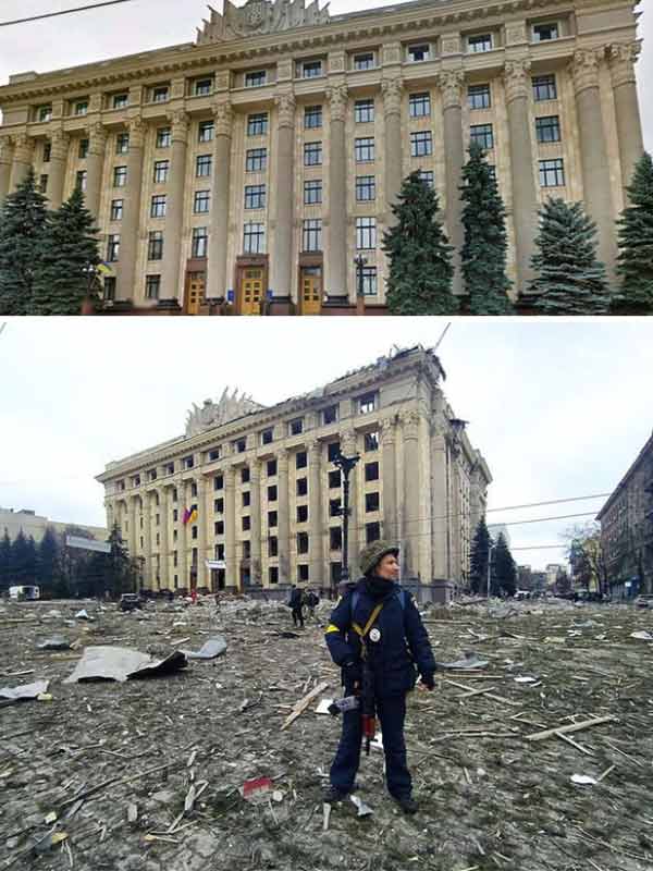 Before and after picture of Ukraine cities as war against Russia completes one year.