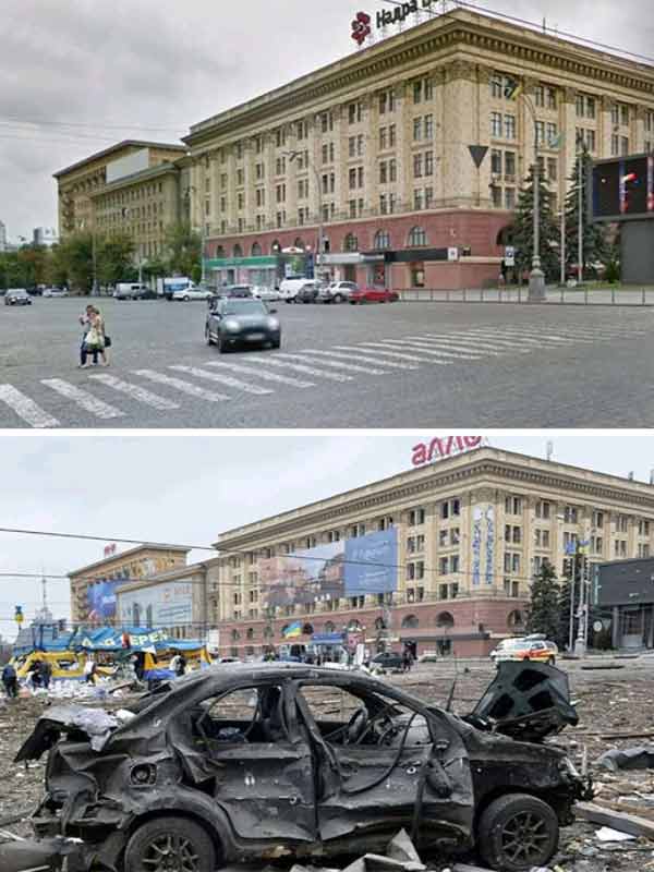 Before and after picture of Ukraine cities as war against Russia completes one year.