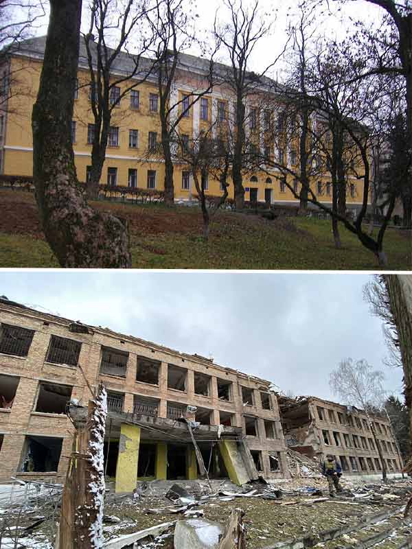 Before and after picture of Ukraine cities as war against Russia completes one year.