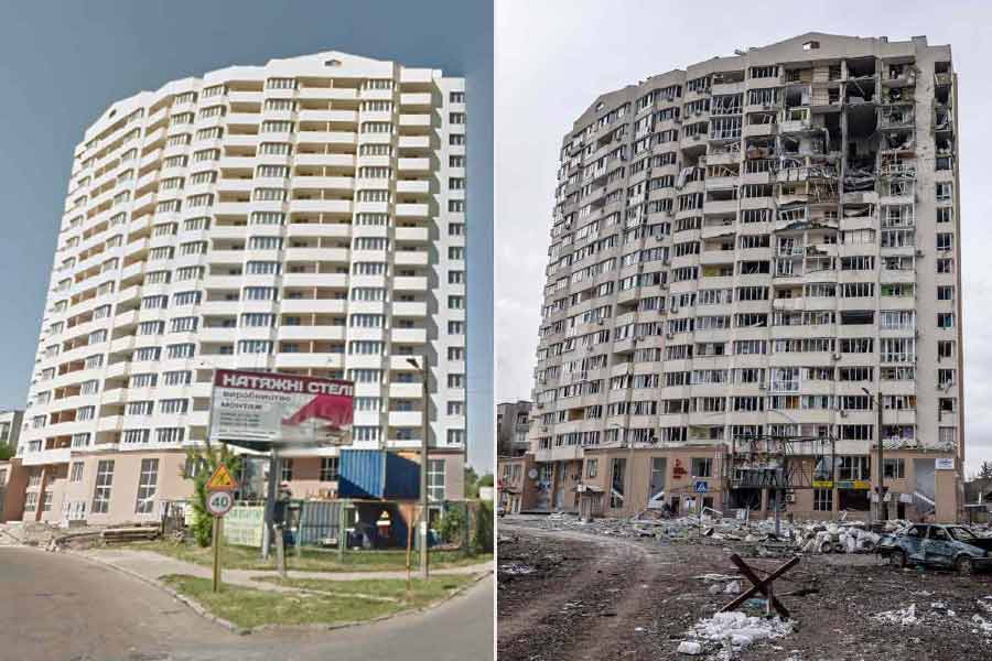 Before and after picture of Ukraine cities as war against Russia completes one year.