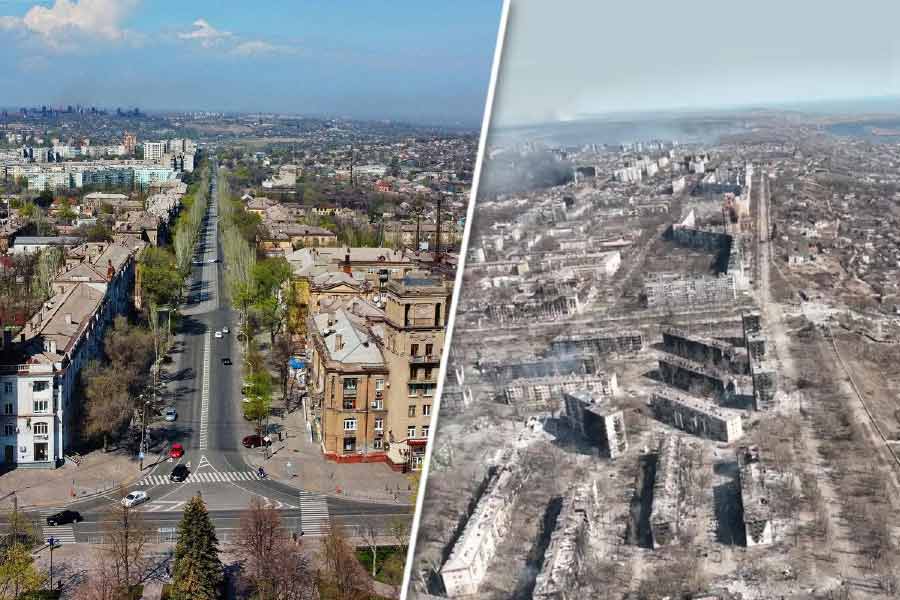 Before and after picture of Ukraine cities as war against Russia completes one year.