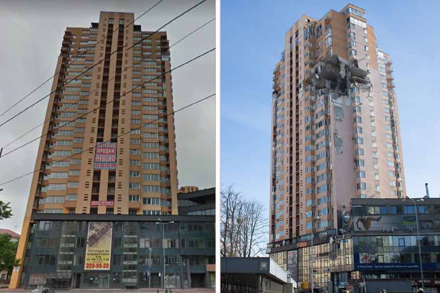 Before and after picture of Ukraine cities as war against Russia completes one year.