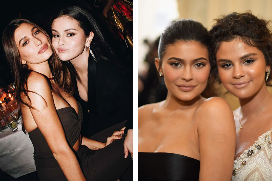 Photograph of Selena Gomez with Hailey Bieber and Kylie Jenner.
