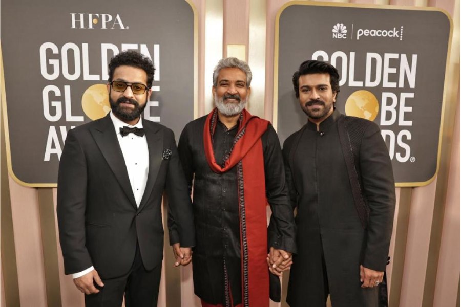 Photograph of NTR Jr and SS Rajamouli and Ram Charan.