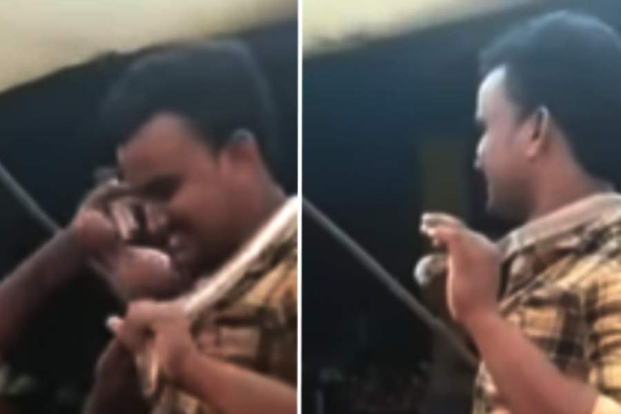 সাপুড়ের কথাতেই মণিকান্ত সাপটি গলায় জড়িয়ে ফেলেন।