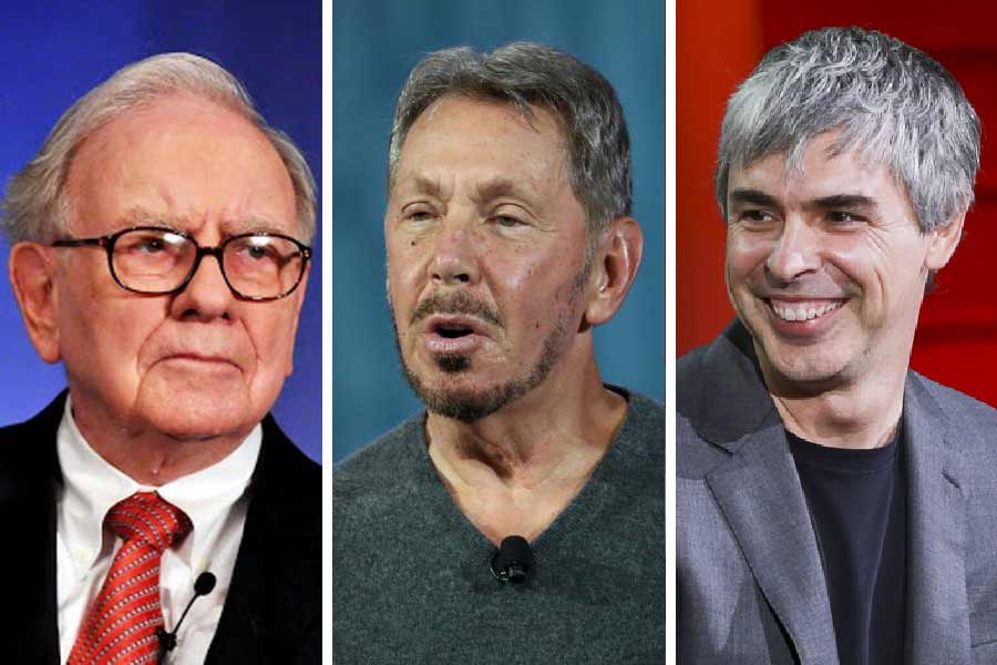 Photograph of Warren Buffett, Larry Ellison and Larry Page.