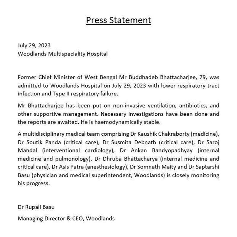 Image of medical bulletin issued by Woodlands Hospital