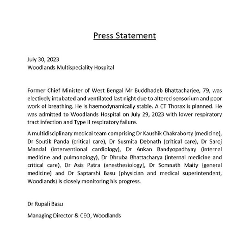 Image of medical bulletin issued by Woodlands Hospital