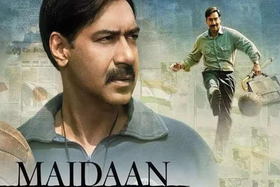 Image of Ajay Devgn in Maidaan Film\\\\\\\'s poster.