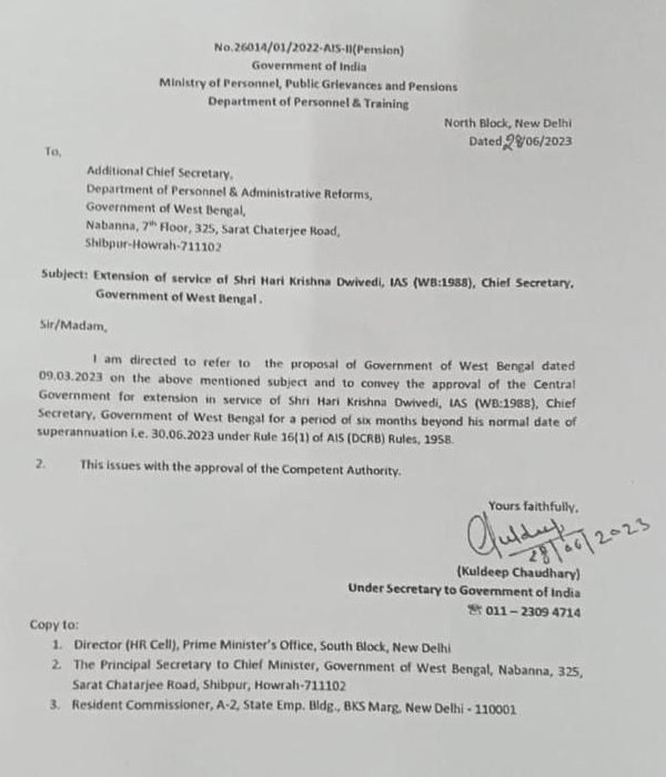 Central Government extends the service of Chief Secretary, West Bengal Harikirishna Dwibedi for six months