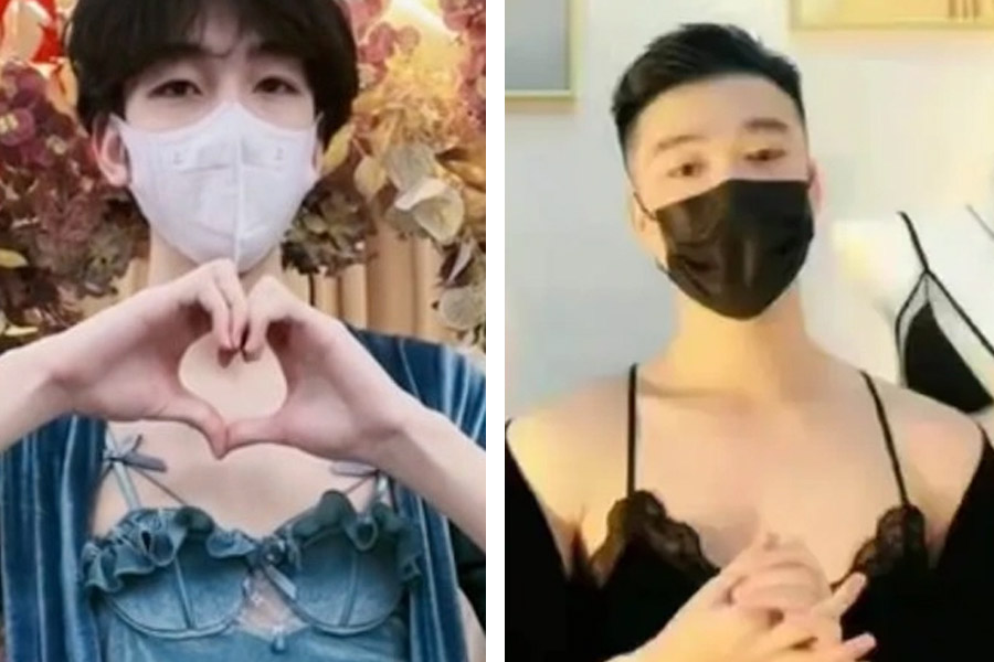 Chinese men shows up in Bras after China bans women models from doing so.