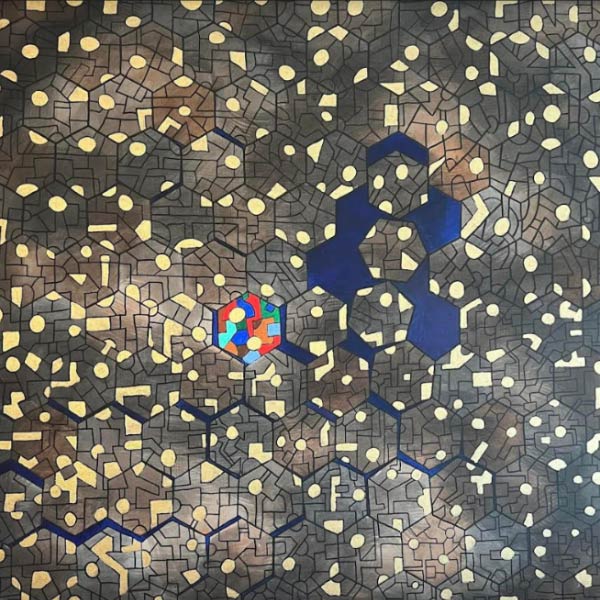 কুণাল সেনের তুলিতে ‘ওচ্চিওলিজম’ বা নিজের অনুভূতির মৌলিক সীমাবদ্ধতা সম্পর্কে বোধ থেকে জন্মানো দুঃখ। (ক্যানভাসে কালি ও অ্যাক্রেলিক)।