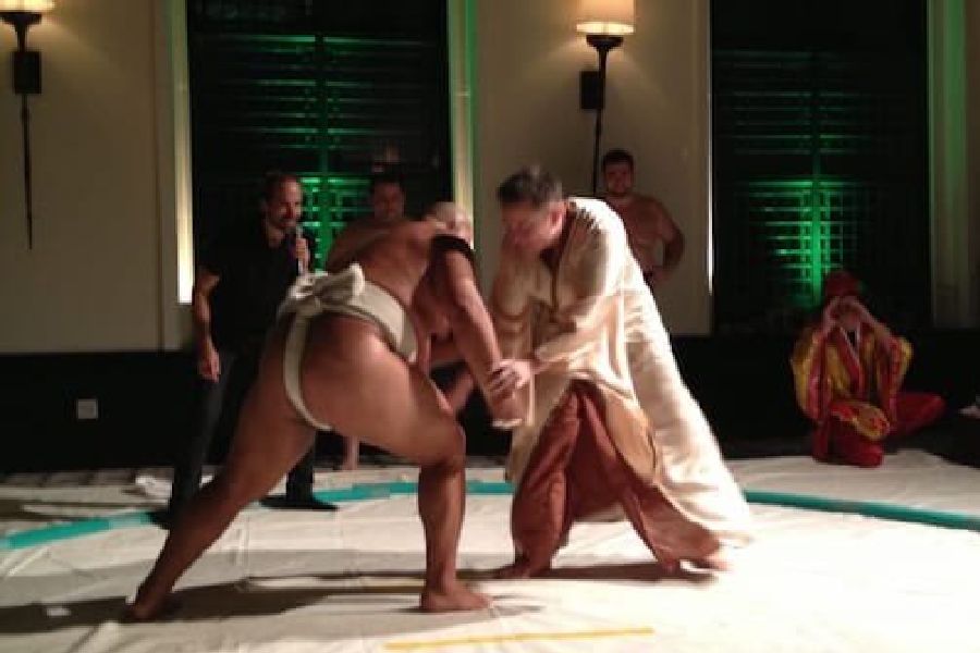 old picture of Elon musk fighting a sumo player