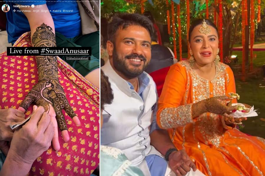 Swara Bhasker stuns in an orange salwar suit for Mehendi