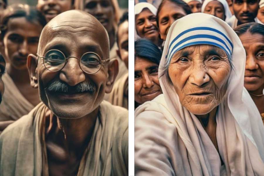 Picture of Mahatma Gandhi and Mother Teresa taking selfie