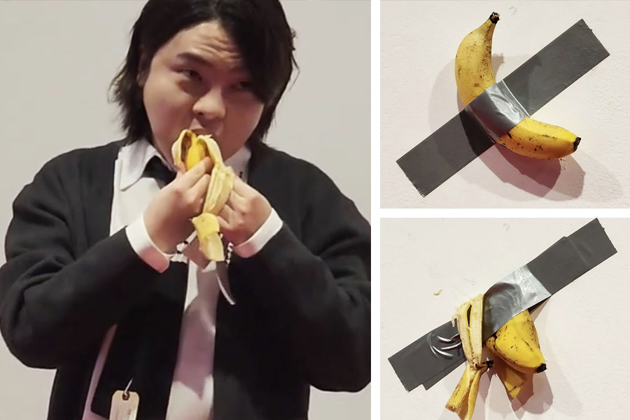 Hungry student eats expensive banana