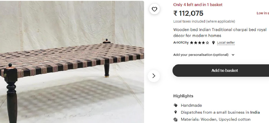 Indian four legged bed is being sold in US at high price.