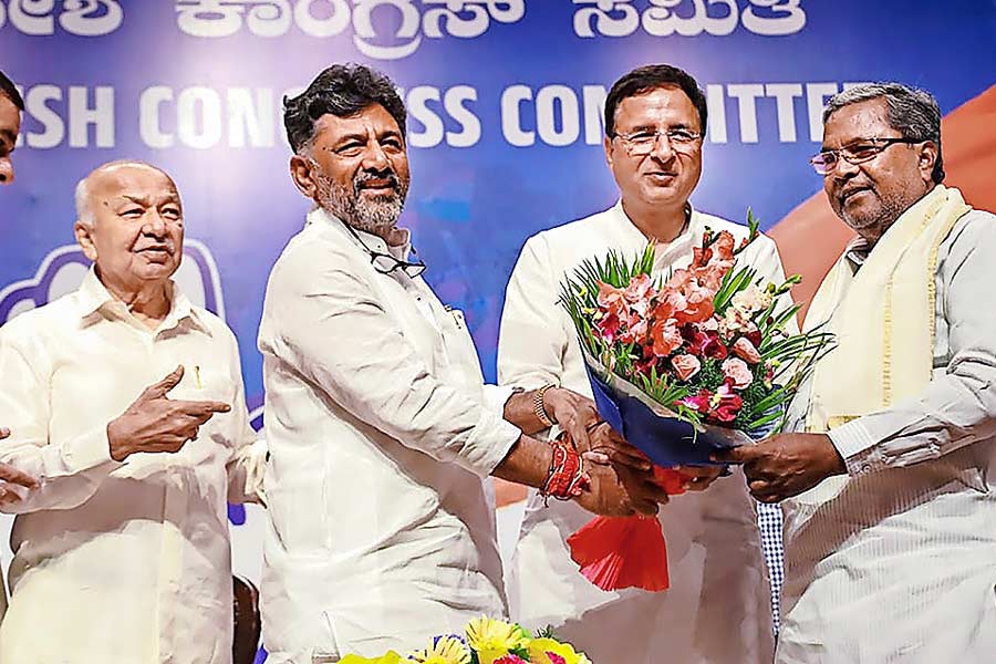 জয়ী: রণদীপ সিংহ সুরজেওয়ালার সঙ্গে ডি কে শিবকুমার ও সিদ্দারামাইয়া।