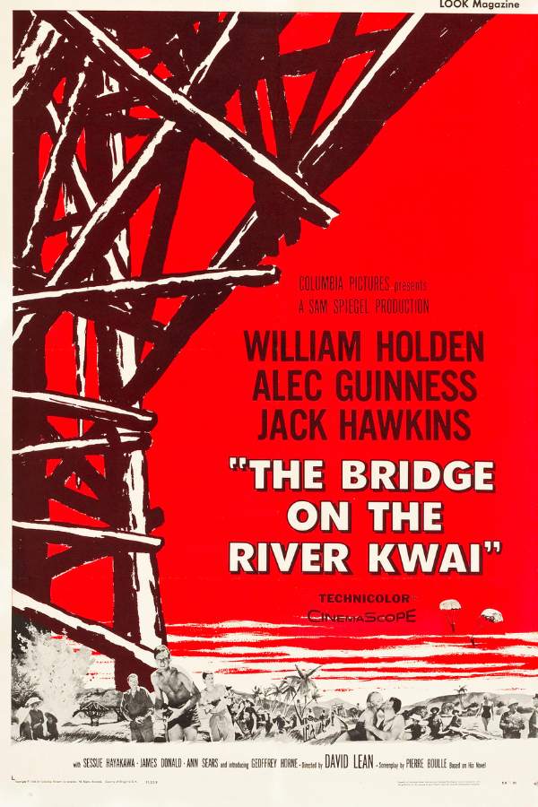 ১০. দ্য ব্রিজ অন দ্য রিভার কাওয়াই -  মুক্তির সাল - ১৯৫৭।  ভাষা - ইংরেজি।  পরিচালক - ডেভিড লিন।  প্রধান অভিনেতা-অভিনেত্রী - জ্যাক হকিংস, উইলিয়াম হল্ডেন, আলেক গিনেস, প্রমুখ।  সিনেমাটি যে যুদ্ধ-কেন্দ্রিক - দ্বিতীয় বিশ্বযুদ্ধ কেন্দ্রিক। ১৯৪২-৪৩ সালে বার্মা রেলওয়ে অনুকরণে তৈরি। তৎকালীন জাপান অধ্যুষিত বর্তমান থাইল্যান্ডে এক বন্দি শিবিরের ব্রিটিশ যুদ্ধবন্দিদের কাওয়াই নদীর উপর সেতু নির্মাণের ভার দেওয়া হয় জাপানি কর্নেল সাইটো-র তত্ত্বাবধানে। কিন্তু যুদ্ধবন্দিদের শ্রমে বাধ্য করা যায় না, এই দাবিতে বন্দি ব্রিটিশ কর্নেল নিকেলসন বিদ্রোহ করেন। তাঁকে একটা ছোট টিনের বাক্সে জল ও খাদ্য ছাড়াই পুরে রাখা হয়। তাতেও তিনি আপোস করেননি। শেষমেশ সমঝোতায় আসেন জাপানি কর্নেল।  তাৎপর্য - আজ পর্যন্ত যুদ্ধ-কেন্দ্রিক বিখ্যাত সিনেমাগুলোর মধ্যে এটি চিরস্মরণীয় মহাকাব্যিকের মর্যাদা পেয়ে আসছে।