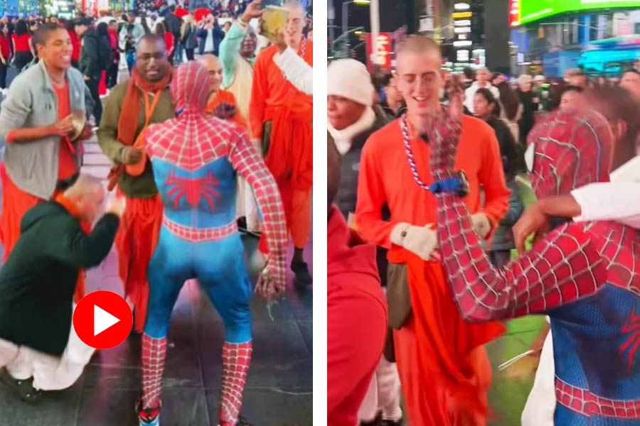 Spiderman dances with Sankirtan devotees at New York’s Times Square, video goes viral.