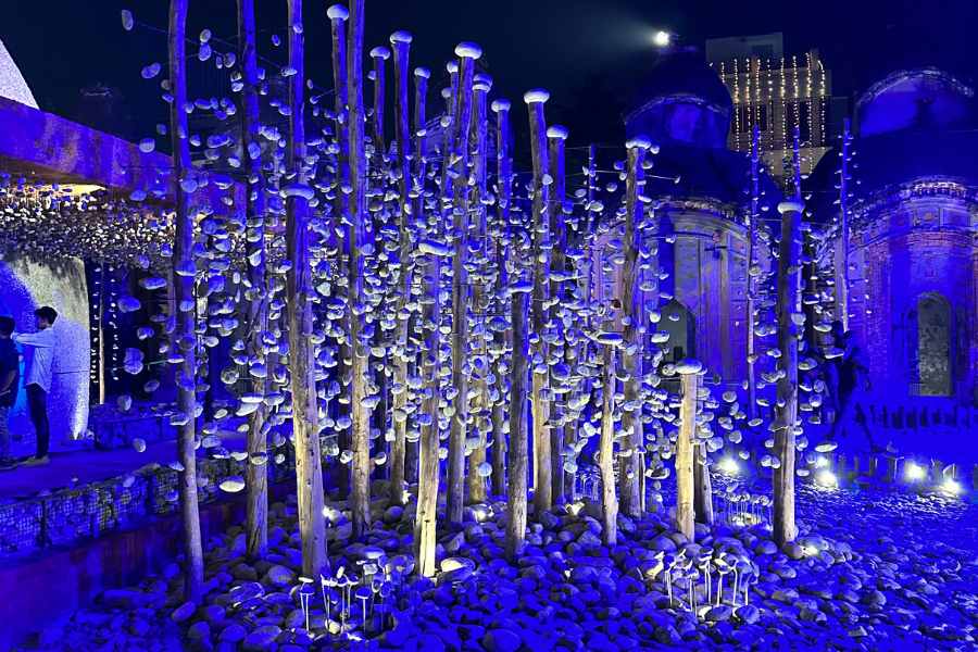 উঁচু-নিচু পাহাড়ি পরিবেশের মধ্যে একটি বড় পাথরের আদলে মূল মণ্ডপ তৈরি করা হয়েছে।