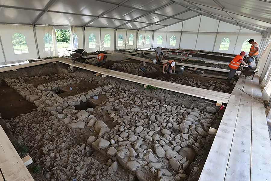 Image of Roman building complex and ruins of 2,000-year-old wall in the Swiss Alps
