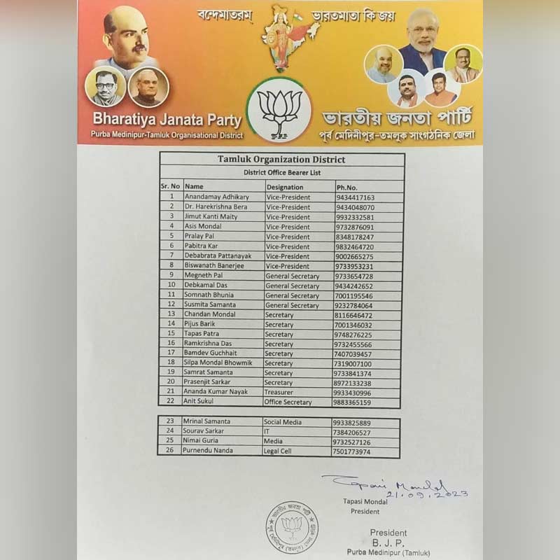 বৃহস্পতিবারই তমলুকের নতুন জেলা কমিটি ঘোষণা হয়।