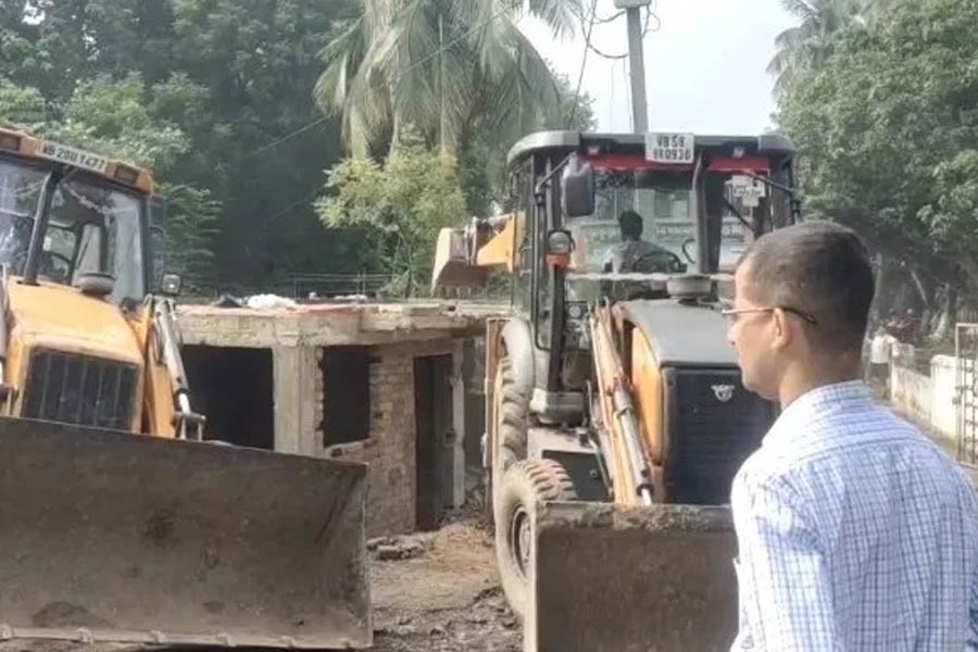 An illegal construction demolished by Murshidabad district administration by bulldozer