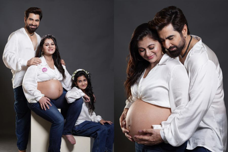 সাজ বদল। এই বার তিন জনের পরিবার নতুন সদস্যের আগমনকে অভ্যর্থনা জানাতে সাদা সাজে সেজেছেন। সাদা সার্ট আর ডেনিমই সকলের পোশাক। 