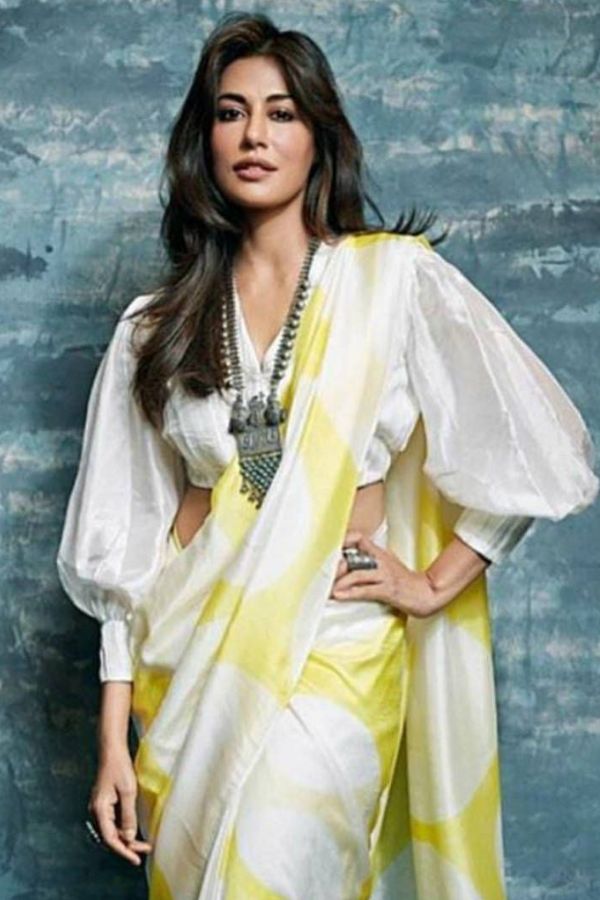 অর্গ্যাঞ্জা শাড়ি বা ঢাকাই জামদানির মতো শাড়ি যদি সরু প্লিট করে পরতে চান,  তা হলে ভি গলার থ্রি কোয়ার্টার বেলুন হাতা ব্লাউজ পরলে খুব ফ্যাশনদুরস্ত দেখাবে আপনাকে। সাধারণত নরম রঙের শাড়িতেই এই রকম ব্লাউজ পরলে পুজোর কেতা সম্পূর্ণ। 